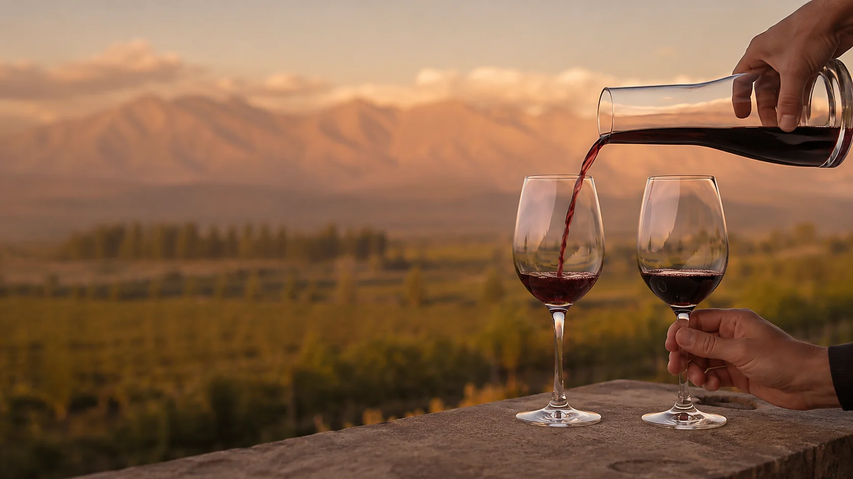 Copas RCristal servidas frente al paisaje de montaña de Mendoza